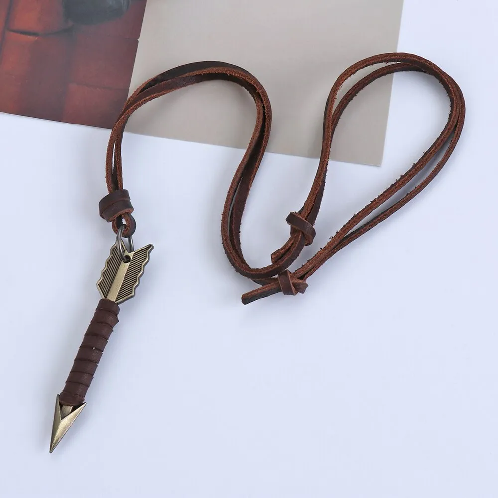 1Pc Handmade Vintage Leather Arrow Pendant Necklace Rope Chain Necklaces Men&amp;Women Punk Jewlery Accessories Wholesale