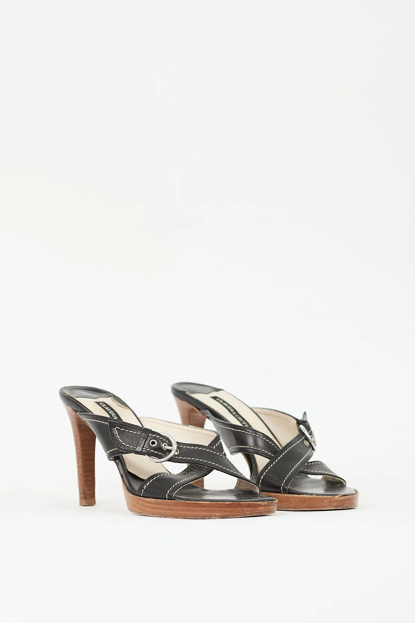 Black Leather Buckled Heeled Mule