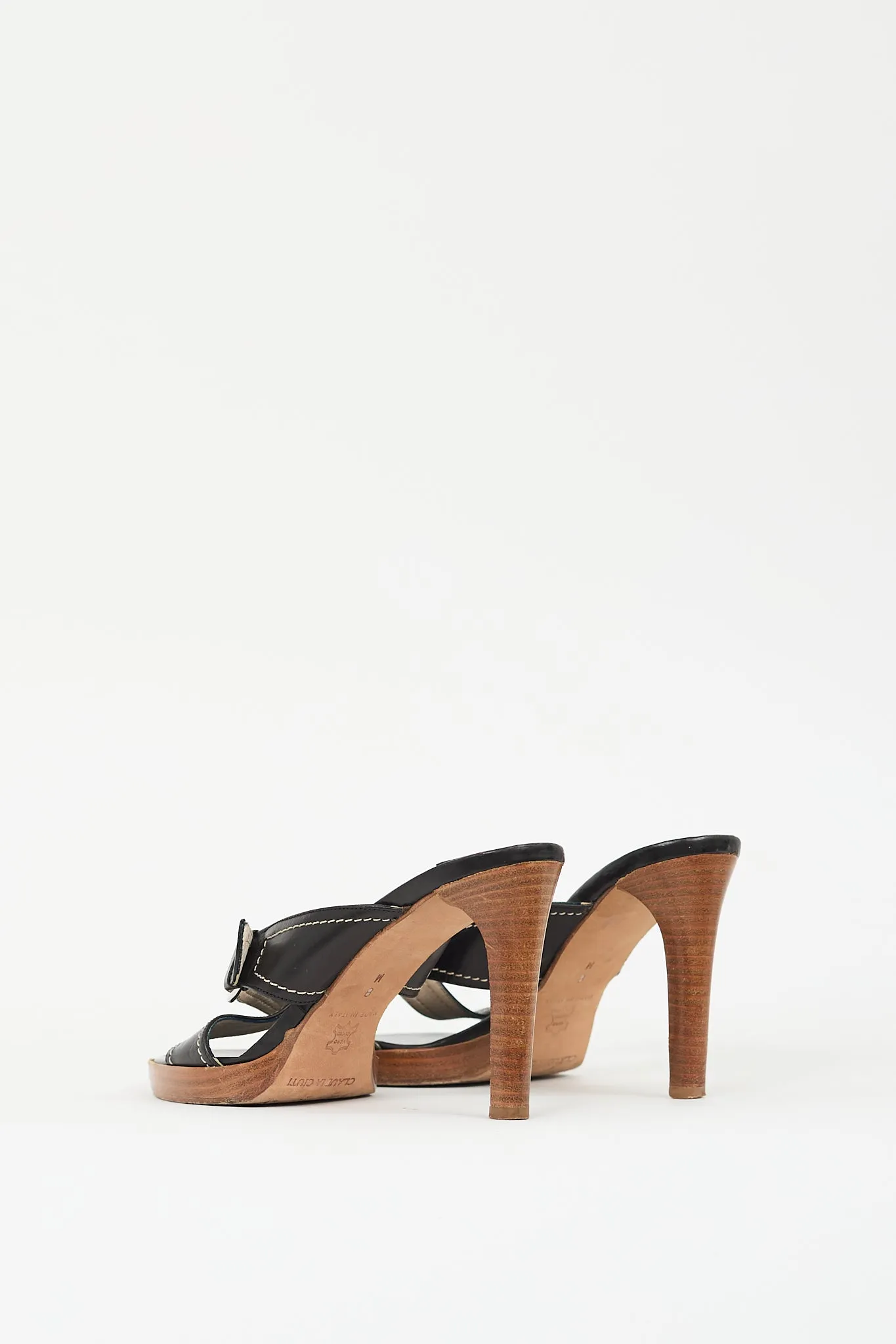 Black Leather Buckled Heeled Mule