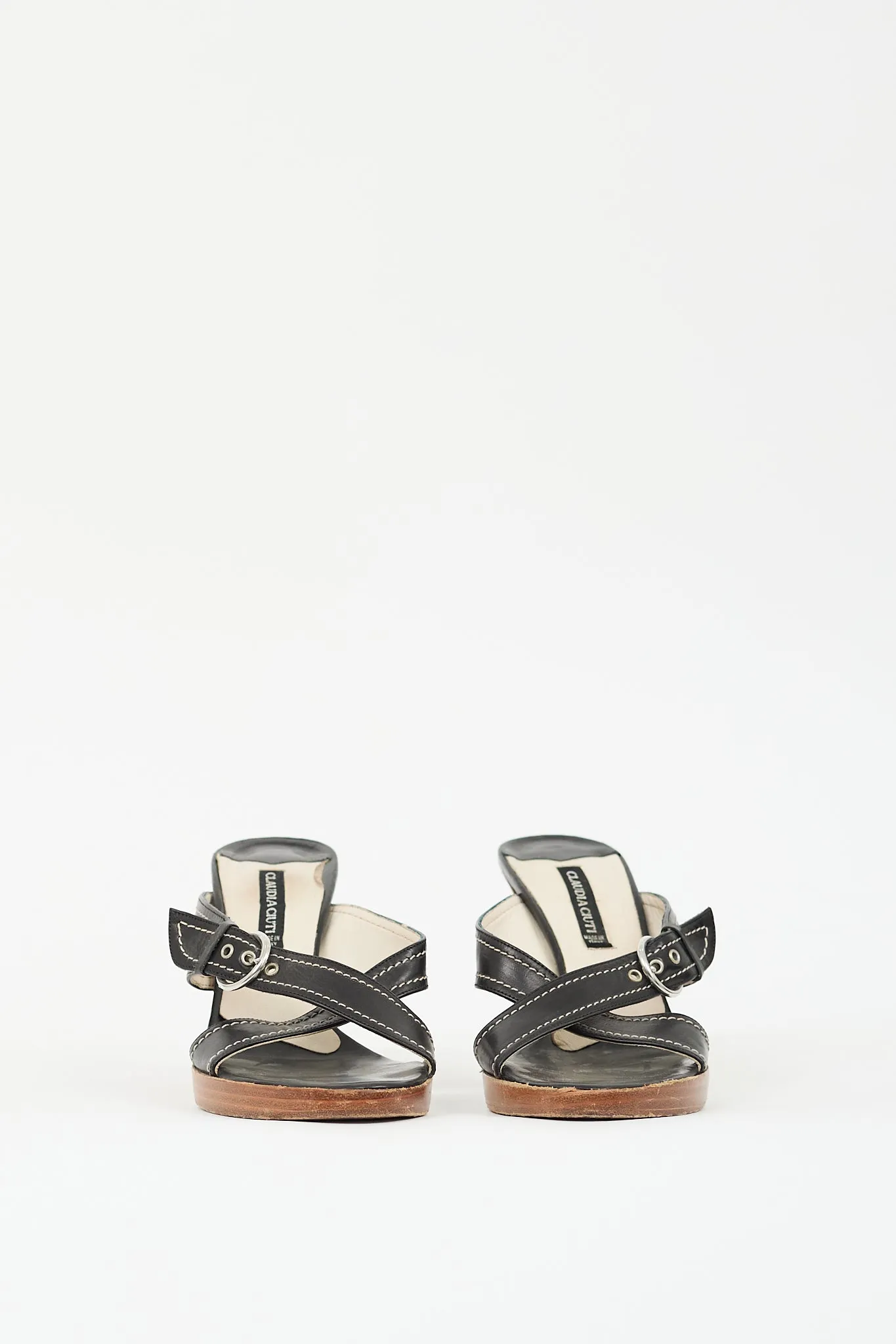 Black Leather Buckled Heeled Mule