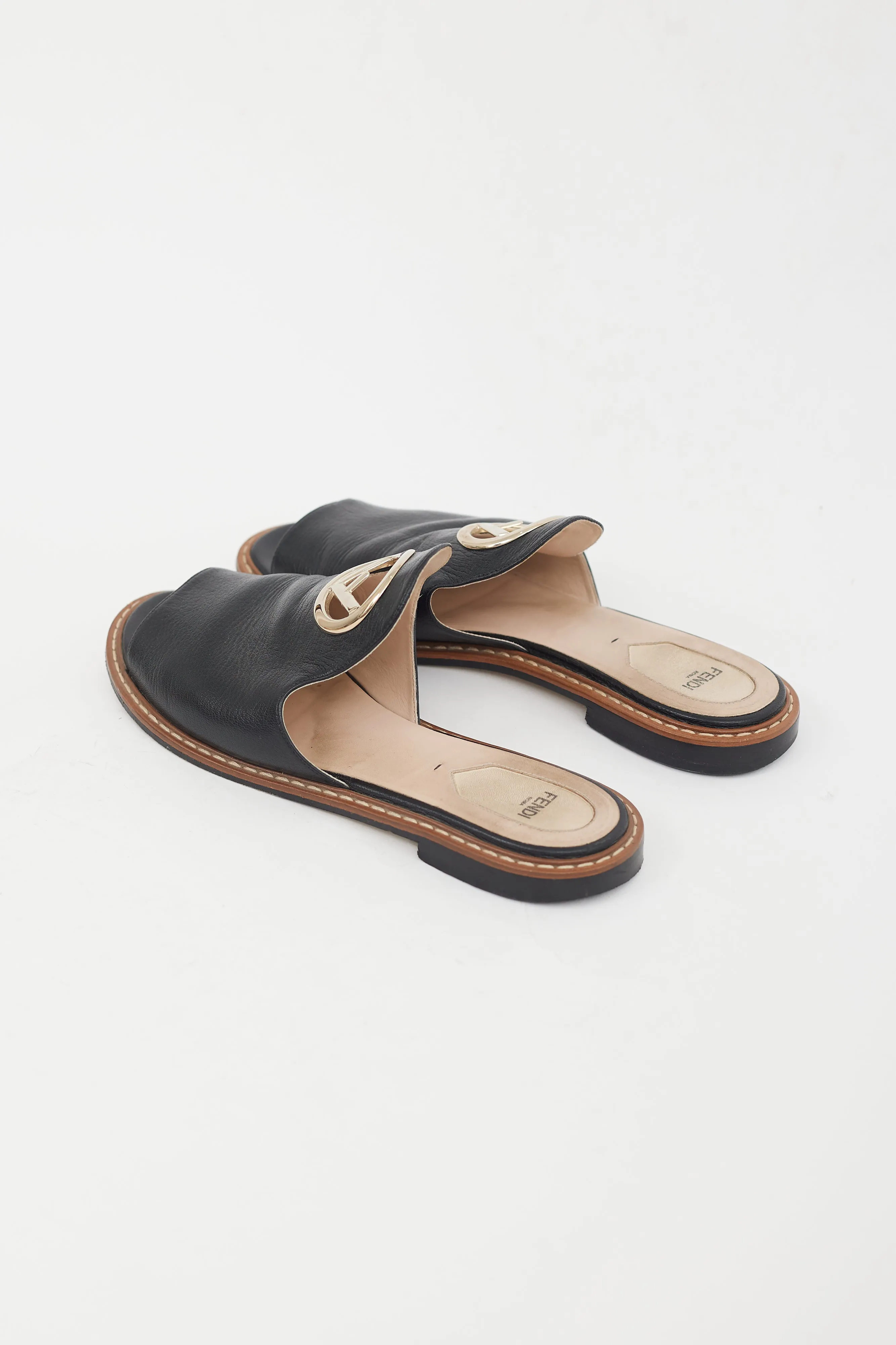 Black Leather Gold Circle Logo Sandal