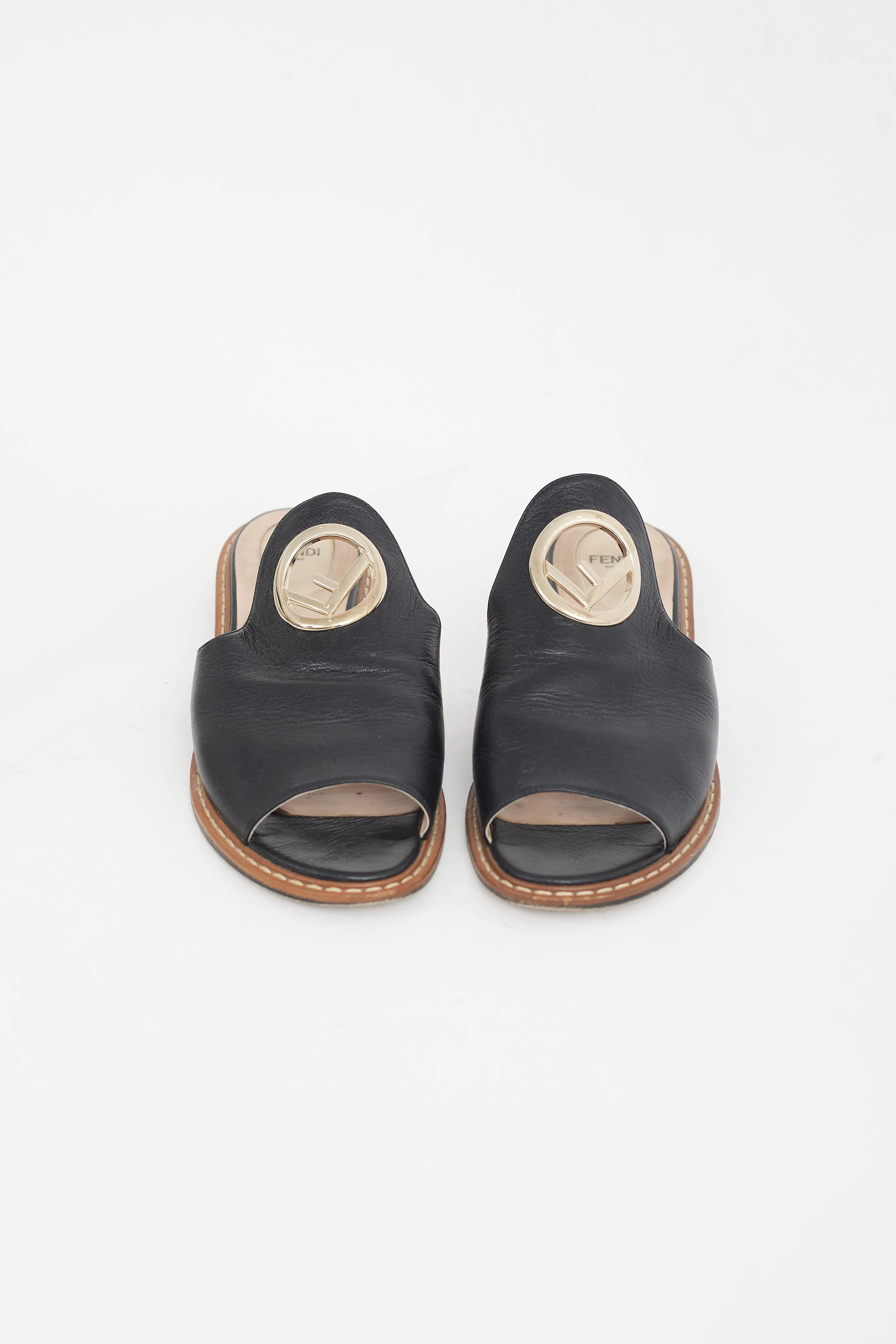 Black Leather Gold Circle Logo Sandal