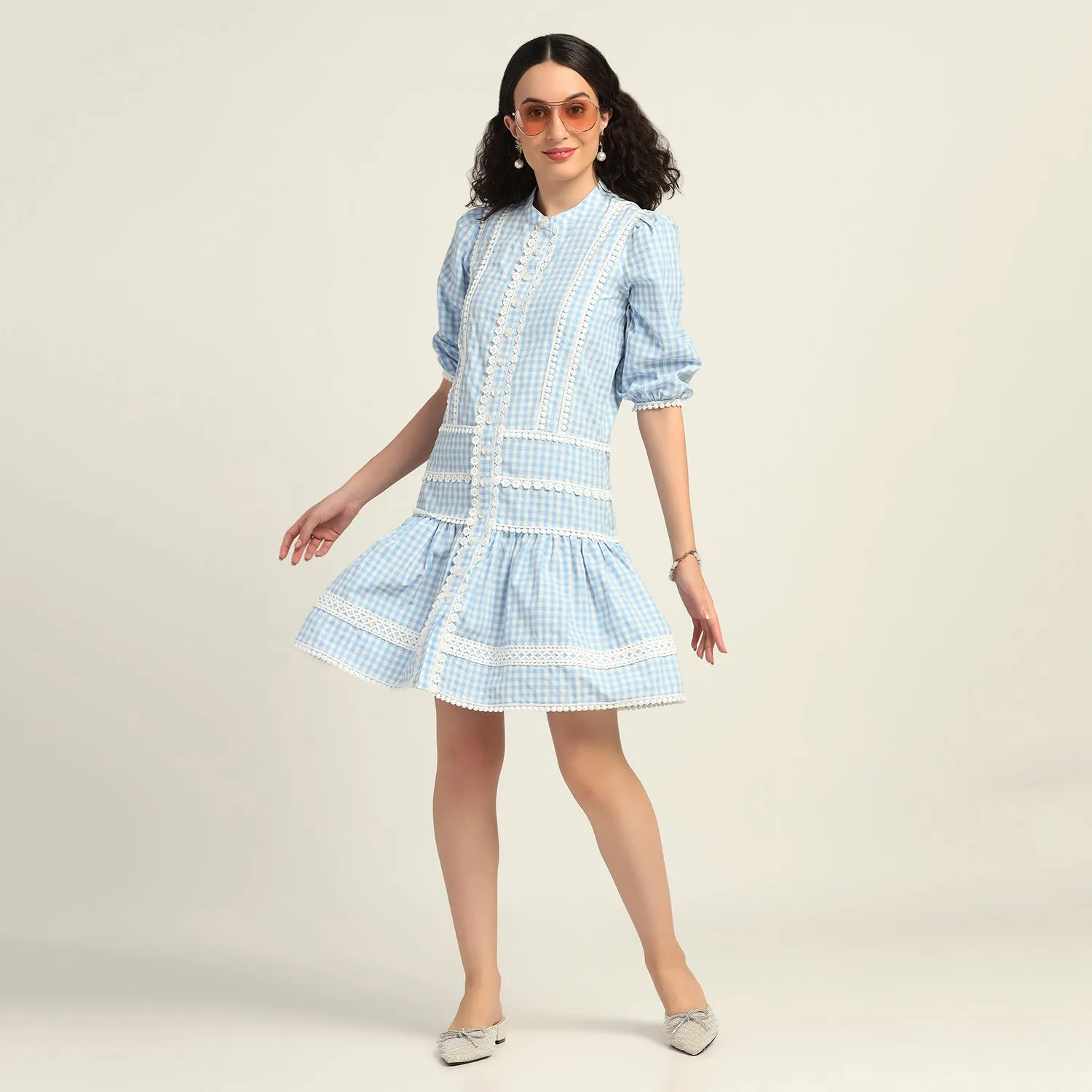 Blue Check Short Dress With Laces