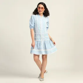 Blue Check Short Dress With Laces
