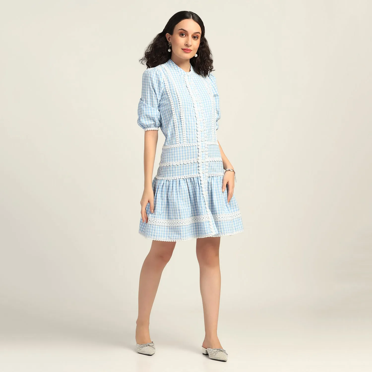 Blue Check Short Dress With Laces