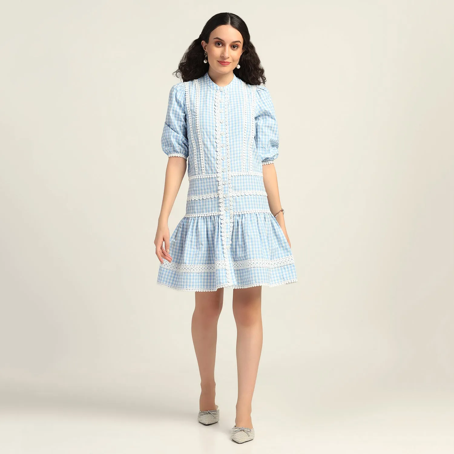 Blue Check Short Dress With Laces