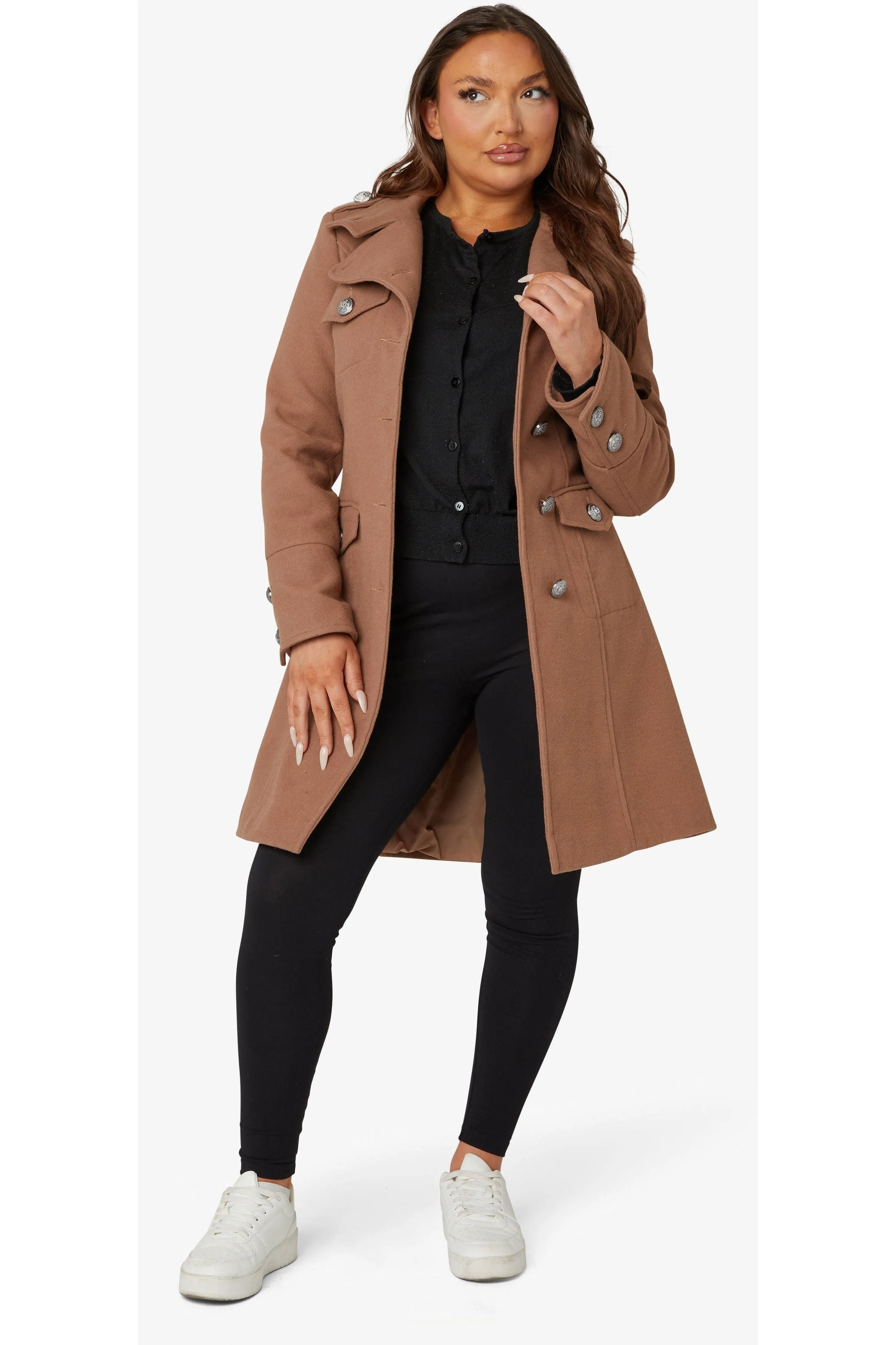 De La Creme Fashions Naomi High Neck Military Belted Coat