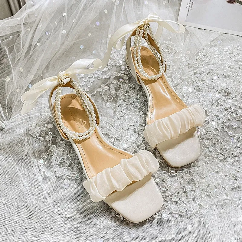 hulianfu  new summer women's sandals fashion pearl design Korean style party and work wear ladies casual shoes High heel 41-43