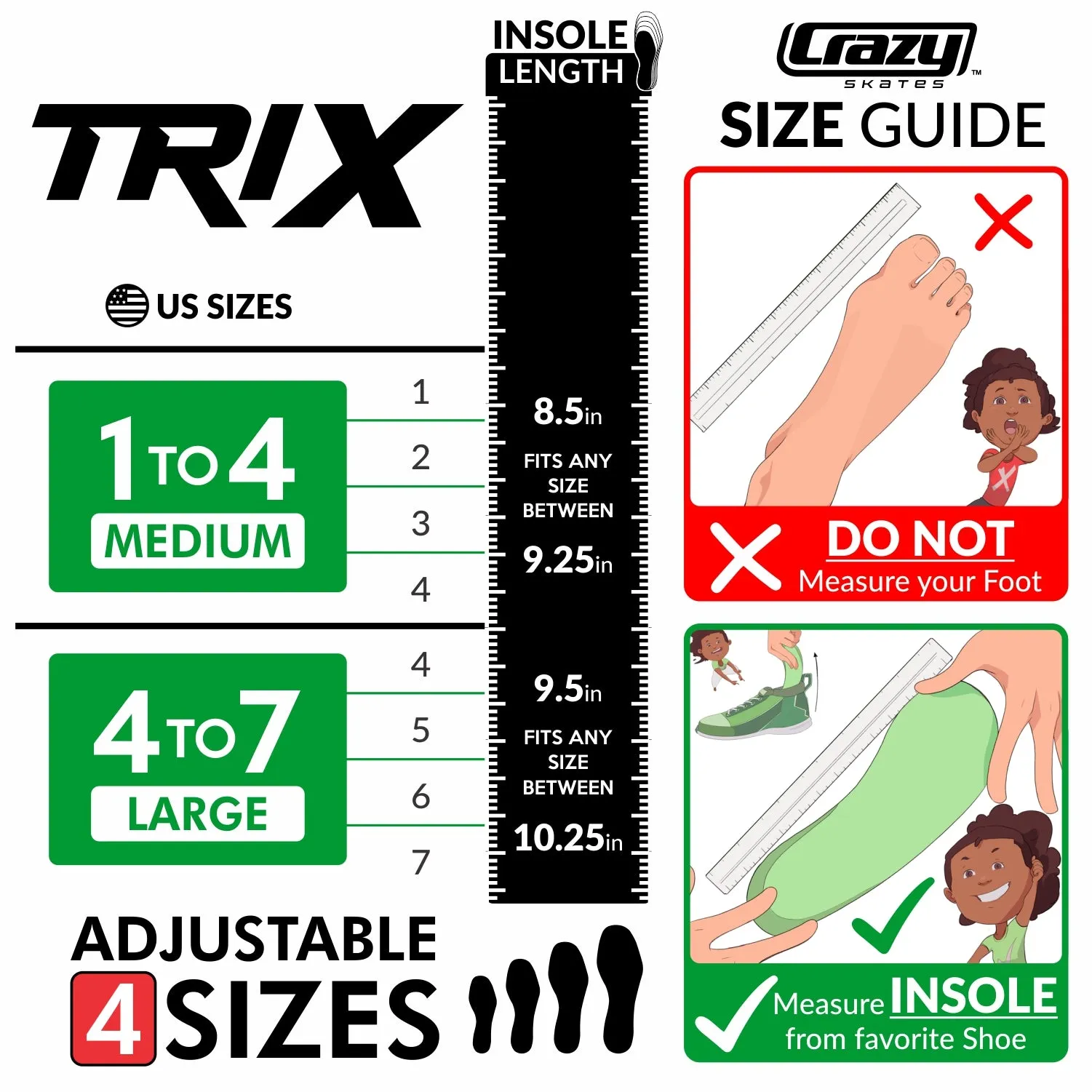 TRIX Black 3 Wheel LED - Size Adjustable Inline Skates