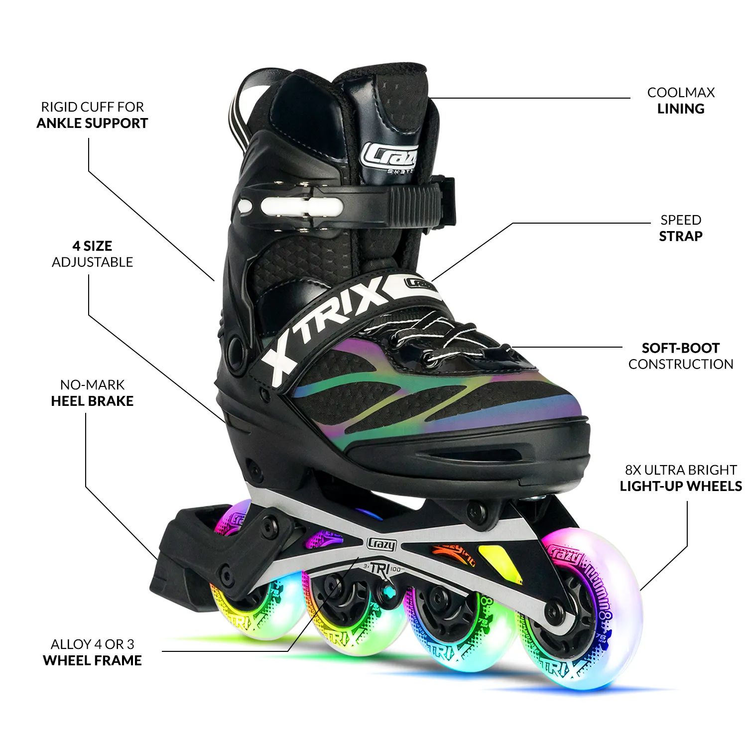 TRIX Black 4 Wheel LED - Size Adjustable Inline Skates