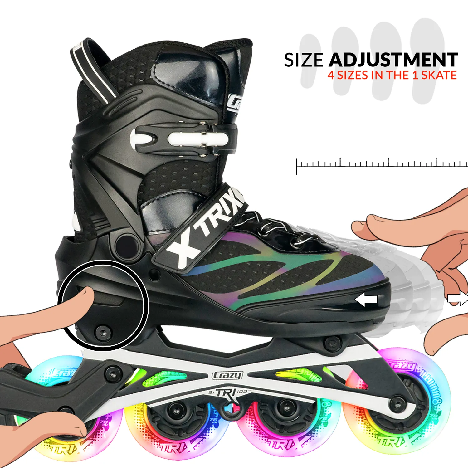 TRIX Black 4 Wheel LED - Size Adjustable Inline Skates