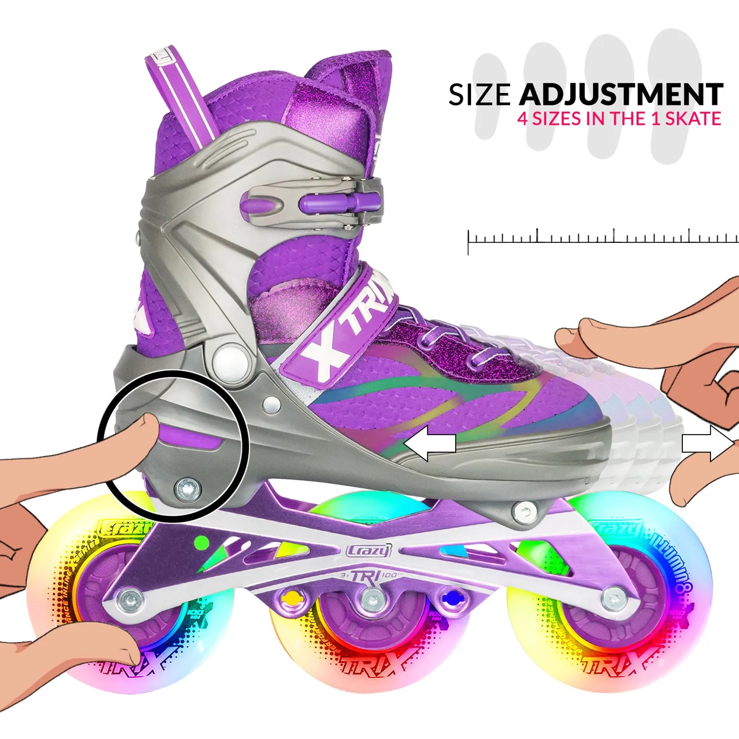 TRIX Purple 3 Wheel LED - Size Adjustable Inline Skates