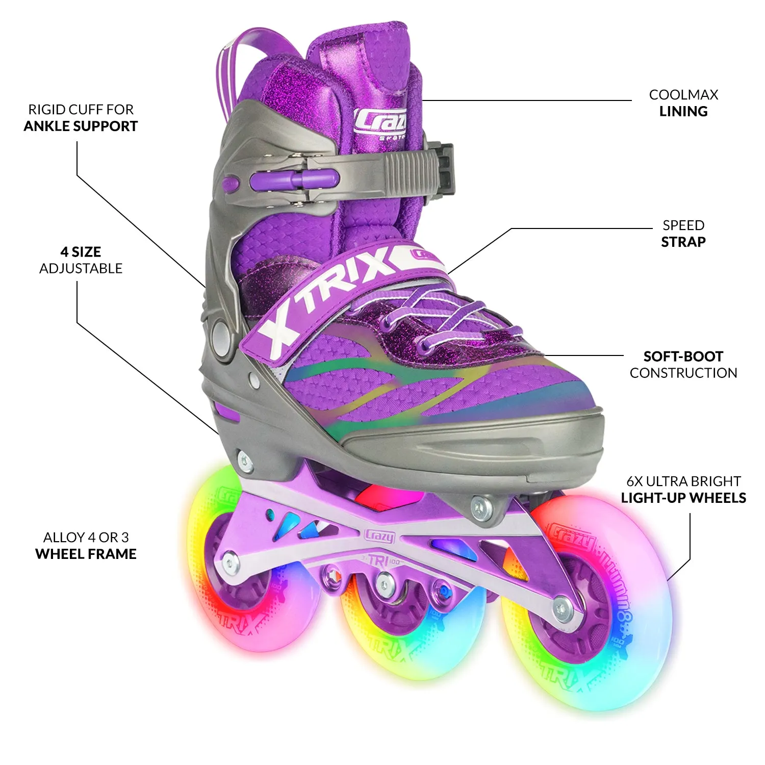 TRIX Purple 3 Wheel LED - Size Adjustable Inline Skates