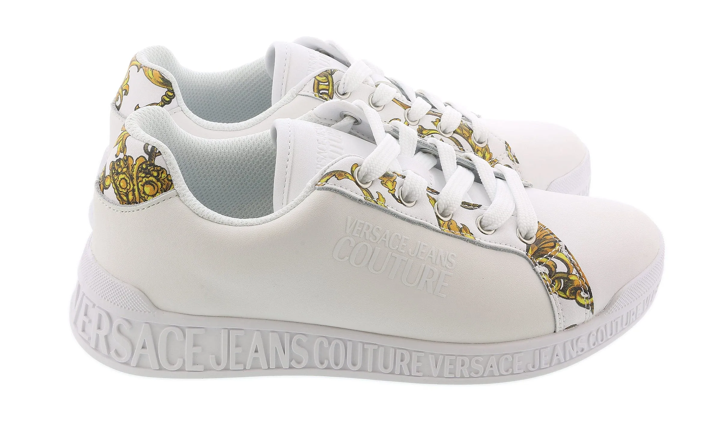 Versace Jeans Couture White Baroque Print Lace Up Sneakers-