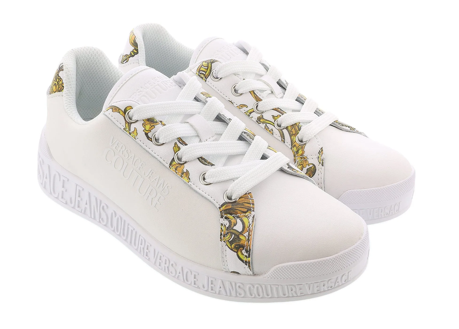 Versace Jeans Couture White Baroque Print Lace Up Sneakers-